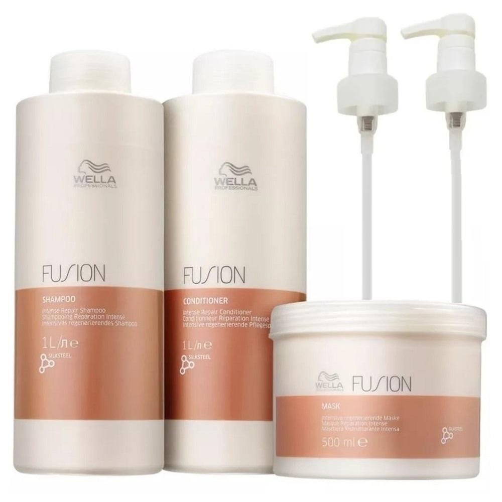 Kit Wella Fusion Shampoo 1000ml + Condicionador 1000ml + Máscara 500g + Válvulas Pump ÚNICO 5