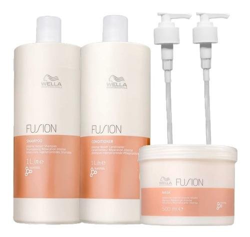 Kit Wella Fusion Shampoo 1000ml + Condicionador 1000ml + Máscara 500g + Válvulas Pump ÚNICO 9