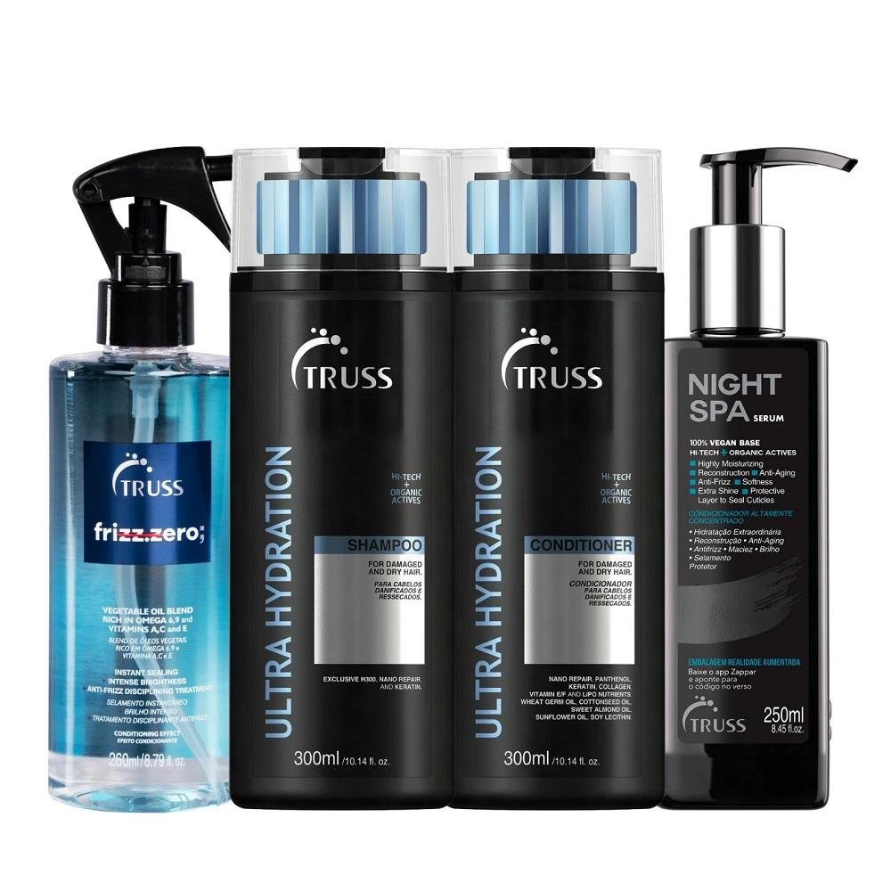 Kit Truss Ultra Hydration Shampoo 300ml + Condicionador 300ml + Frizz Zero 260ml + Night Spa 250ml ÚNICO 1