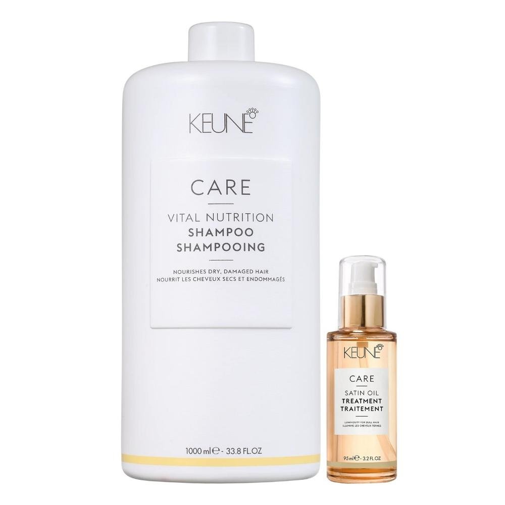 Keune Care Vital Nutrition Shampoo 1000ml + Satin Oil 95ml + Válvula Pump ÚNICO 2