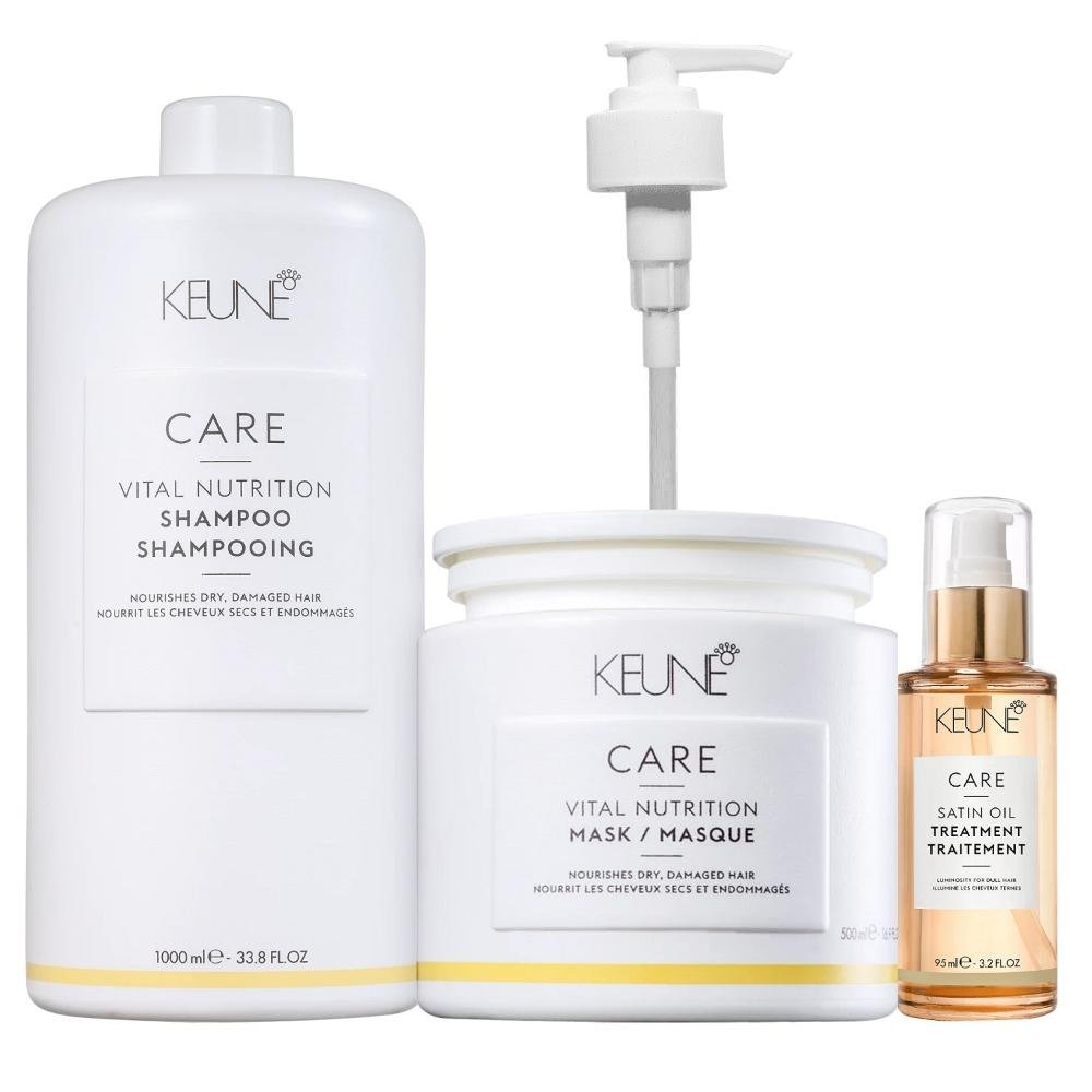Kit Keune Care Vital Nutrition Shampoo 1000ml e Máscara 500ml + Satin oil 95ml + Válvula Pump ÚNICO 1