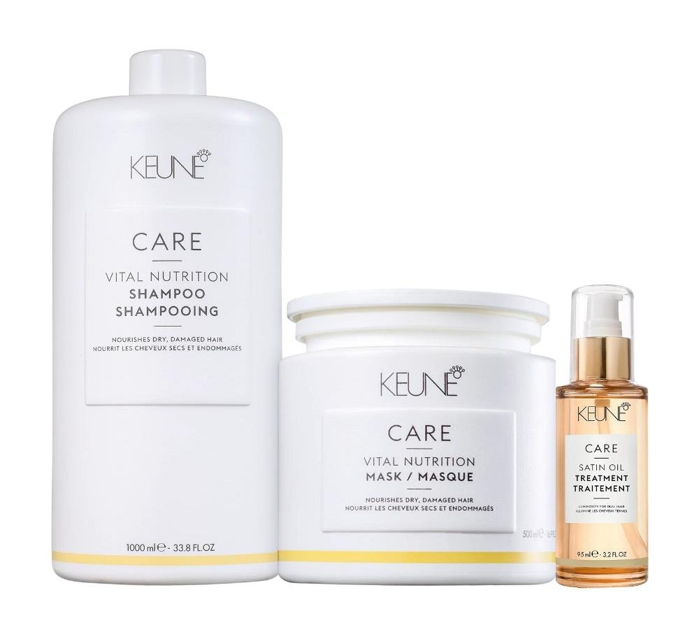 Kit Keune Care Vital Nutrition Shampoo 1000ml e Máscara 500ml + Satin oil 95ml + Válvula Pump ÚNICO 2