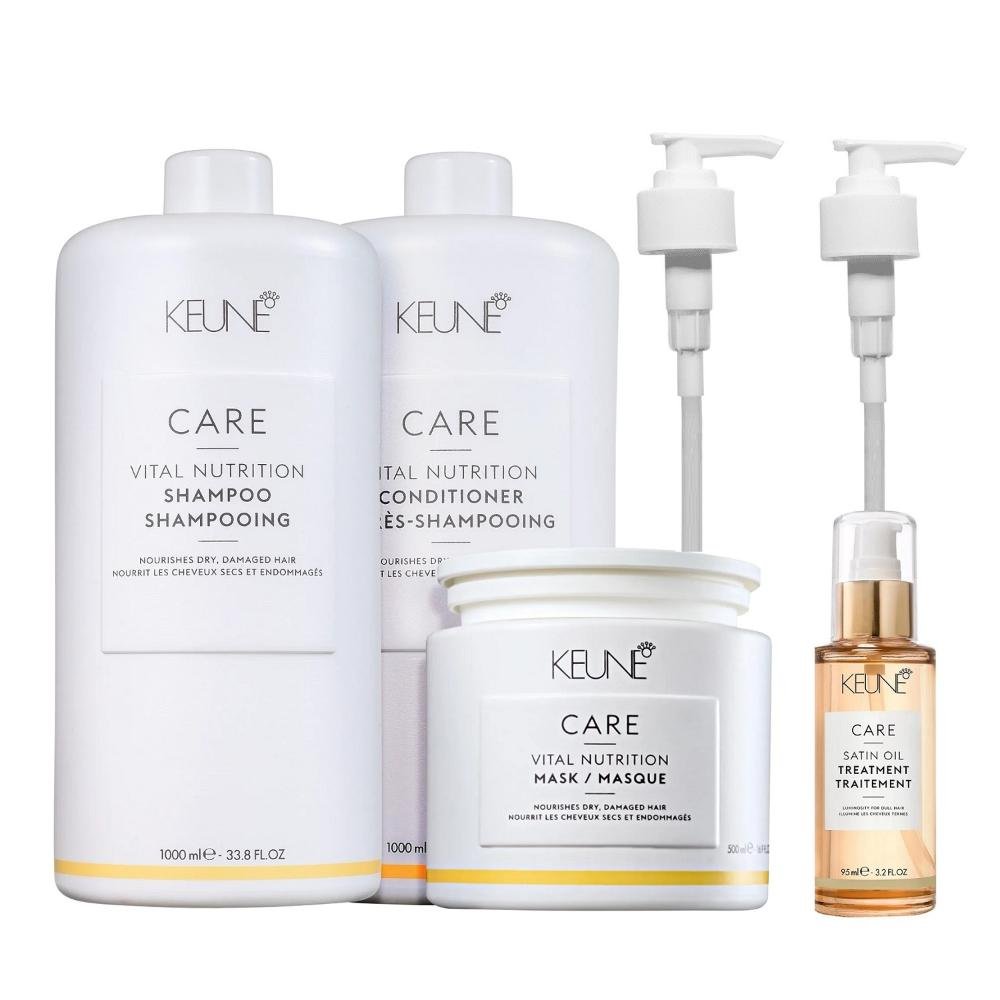Kit Keune Care Vital Nutrition Shampoo 1000ml + Condicionador 1000ml + Máscara 500ml + Satin Oil 95ml + Válvulas Pump