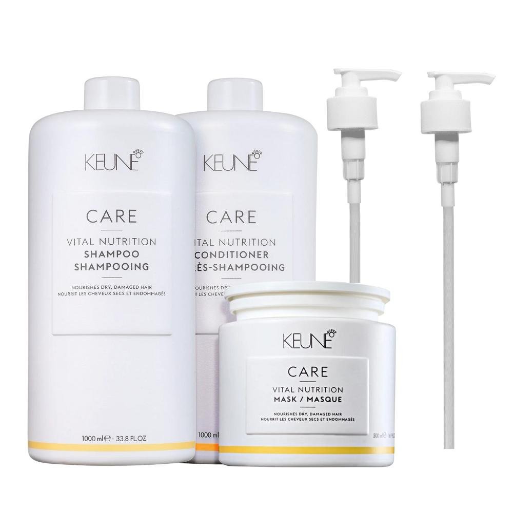 Kit Keune Care Vital Nutrition Shampoo 1000ml + Condicionador 1000ml + Máscara 500ml + Válvulas Pump