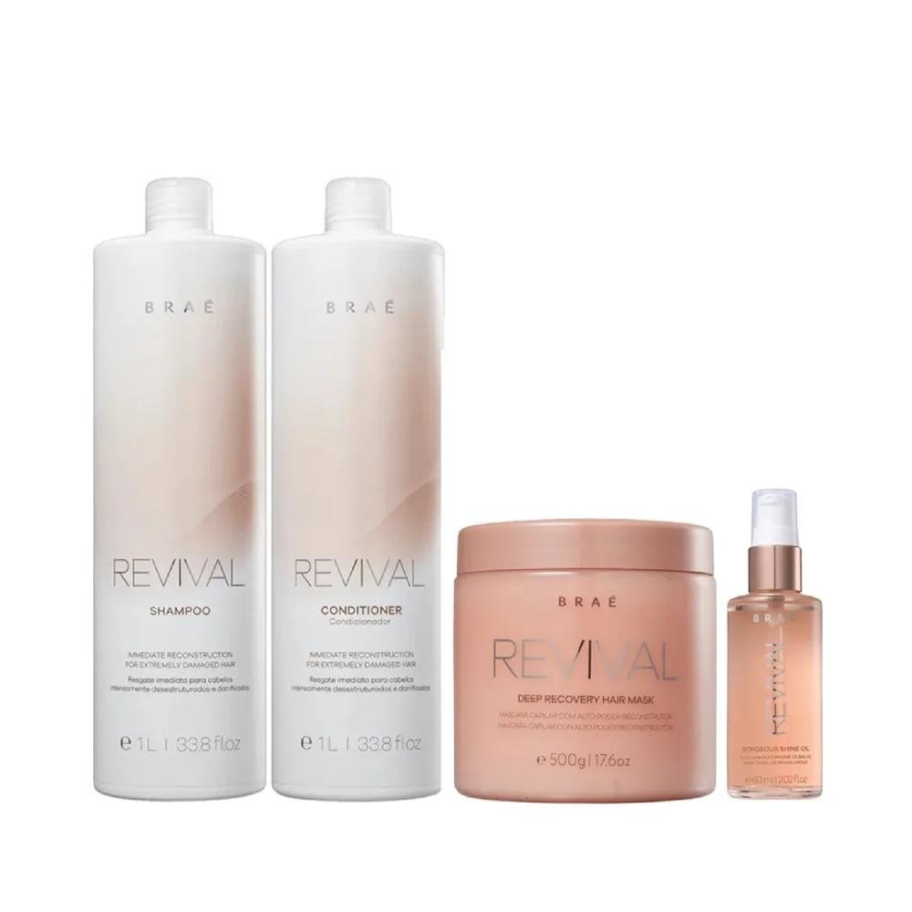 Kit Braé Revival - Shampoo 1L + Condicionador 1L + Máscara 500g + Óleo Gorgeous 60ml ÚNICO 1