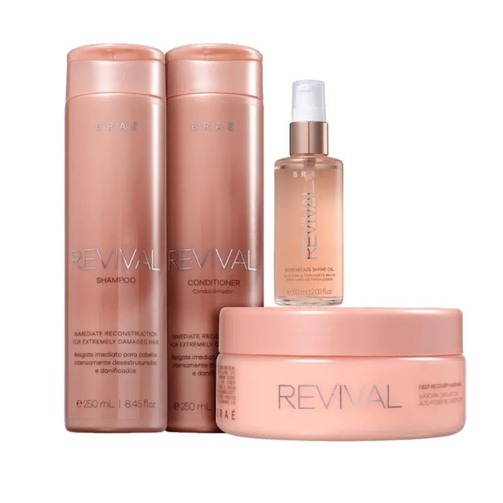 Kit Braé Revival - Shampoo 250ml + Condicionador 250ml + Máscara 200g + Óleo Gorgeous Shine 60ml ÚNICO 1