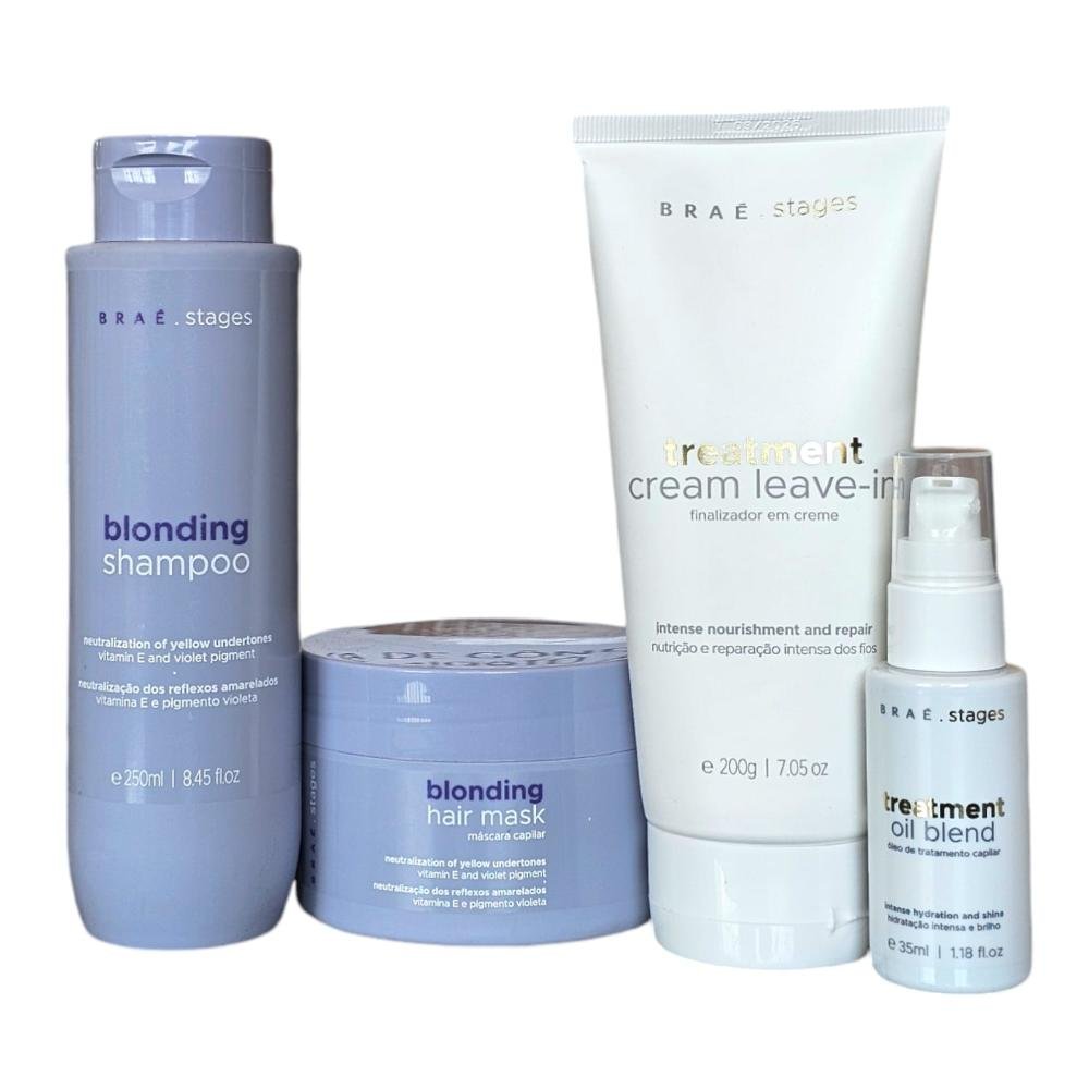 Kit Braé Stages Blonding - Shampoo 250ml + Máscara 200g + Treatment Creme Leave-In 200g + Óleo Blend 35ml
