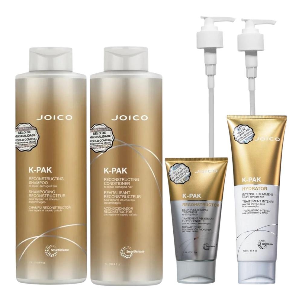 Kit Joico K-Pak - Shampoo 1L + Condicionador 1L + Máscara Deep 150ml + Máscara Hydrator 250ml + Válvula Pump