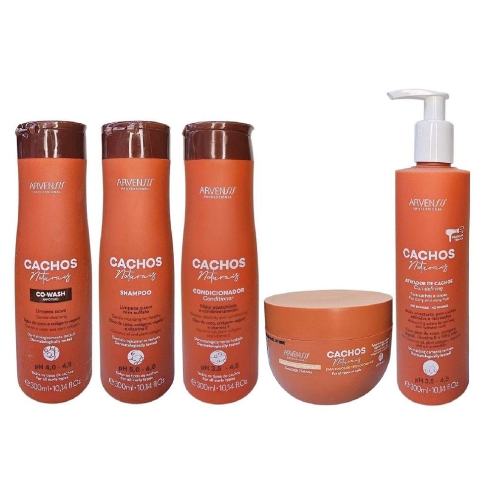 Kit Arvensis Cachos - Shampoo 300ml + Condicionador 300ml + Co-Wash + Ativador De Cachos 300ml + Geleia Ativadora 250g ÚNICO 7