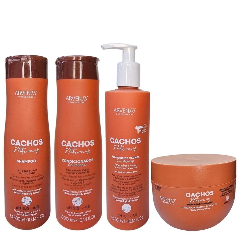 Kit Arvensis Cachos - Shampoo 300ml + Condicionador 300ml + Ativador de Cachos 300ml + Máscara 250g ÚNICO 6