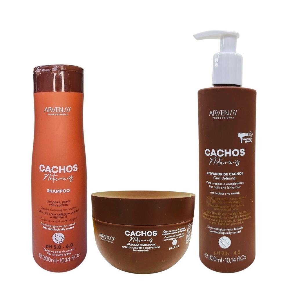 Kit Arvensis Professional Cachos Naturais - Shampoo 300ml + Máscara Crespos 250g + Ativador Crespos 300ml ÚNICO 1