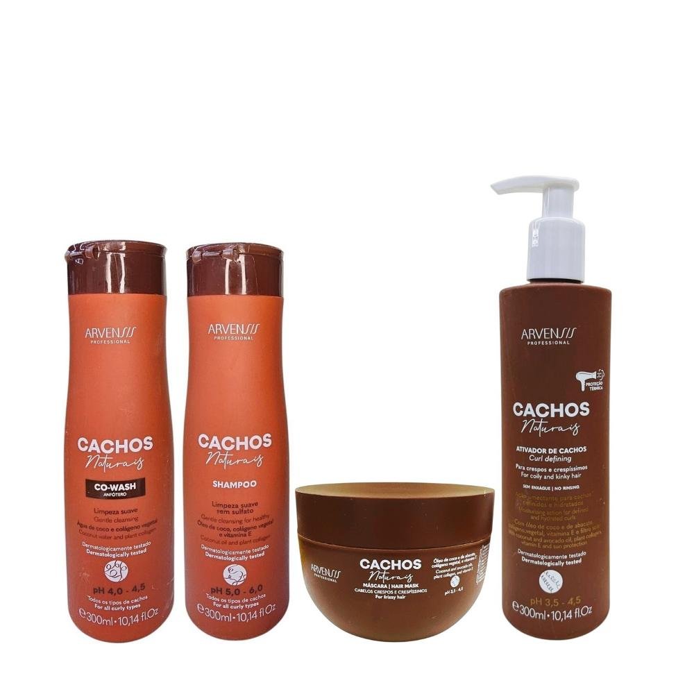 Kit Arvensis Cachos Naturais - Shampoo 300ml + Co-Wash 300ml + Ativador De Cachos Crespos 300ml + Máscara Crespos 250g ÚNICO 3