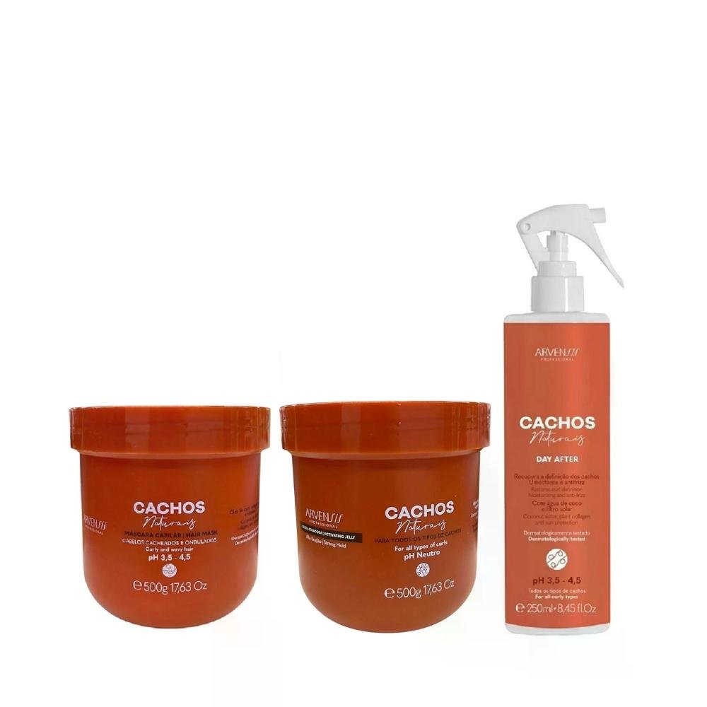 Kit Arvensis Professional Cachos Naturais - Máscara 500g + Geleia Alta Fixação 500g + Day After 250ml ÚNICO 1