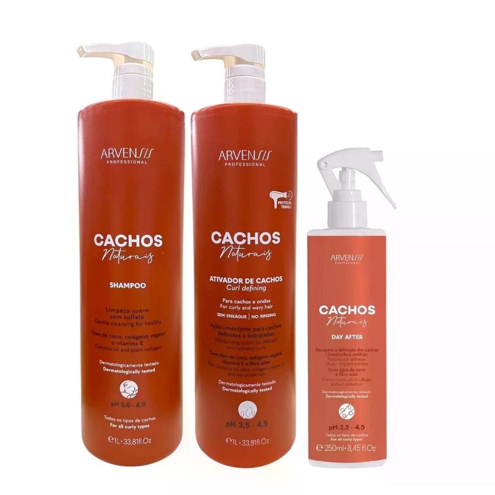 Kit Arvensis Professional Cachos Naturais - Shampoo 1L + Ativador De Cachos 1L + Day After 250ml ÚNICO 1