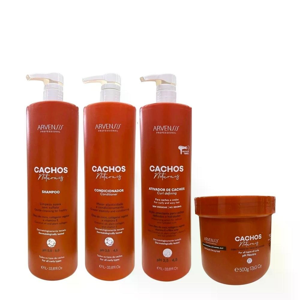 Kit Arvensis Cachos Naturais - Shampoo 1L + Condicionador 1L + Ativador De Cachos 1L + Geleia Alta Fixação 500g ÚNICO 1