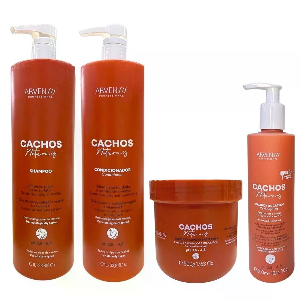 Kit Arvensis Professional Cachos Naturais - Shampoo 1L + Condicionador 1L + Máscara 500g + Ativador De Cachos 300ml ÚNICO 1