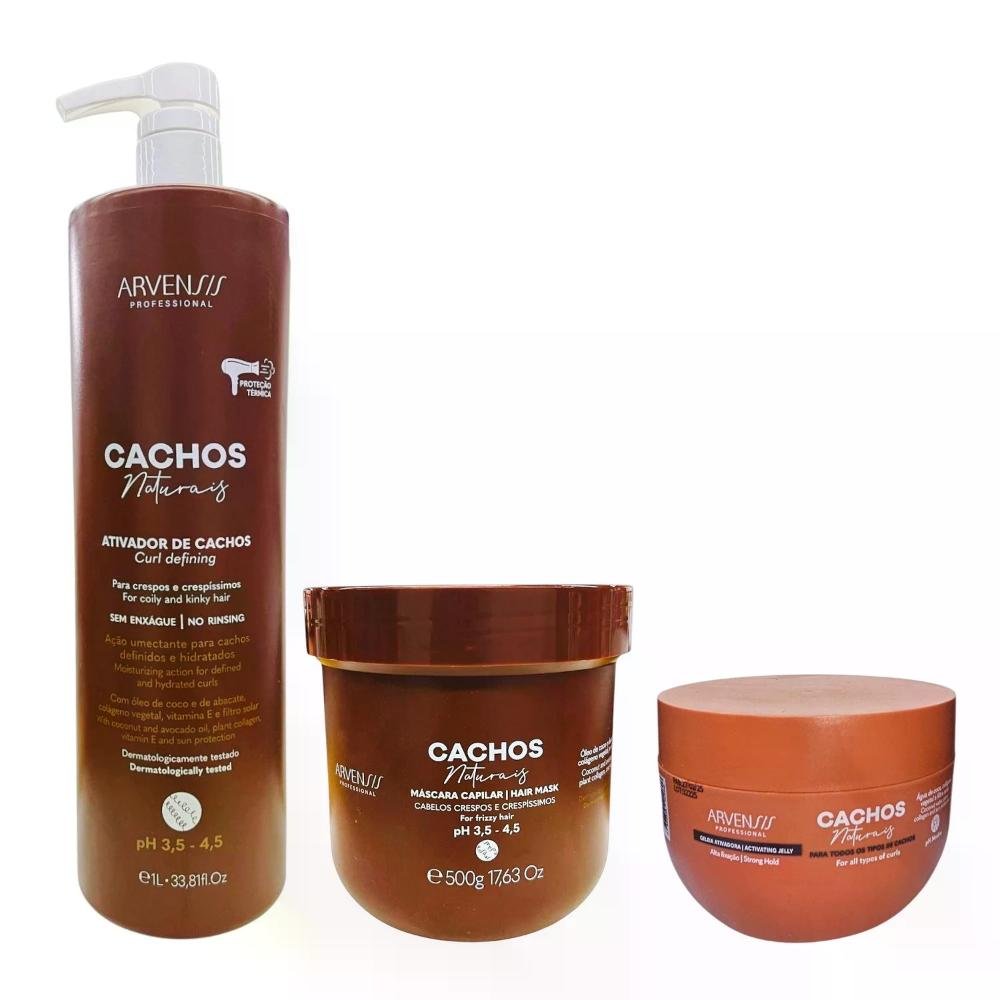 Kit Arvensis Cachos Naturais - Ativador De Cachos Crespos 1L + Máscara Crespos 500g + Geleia Alta Fixação 250g ÚNICO 1