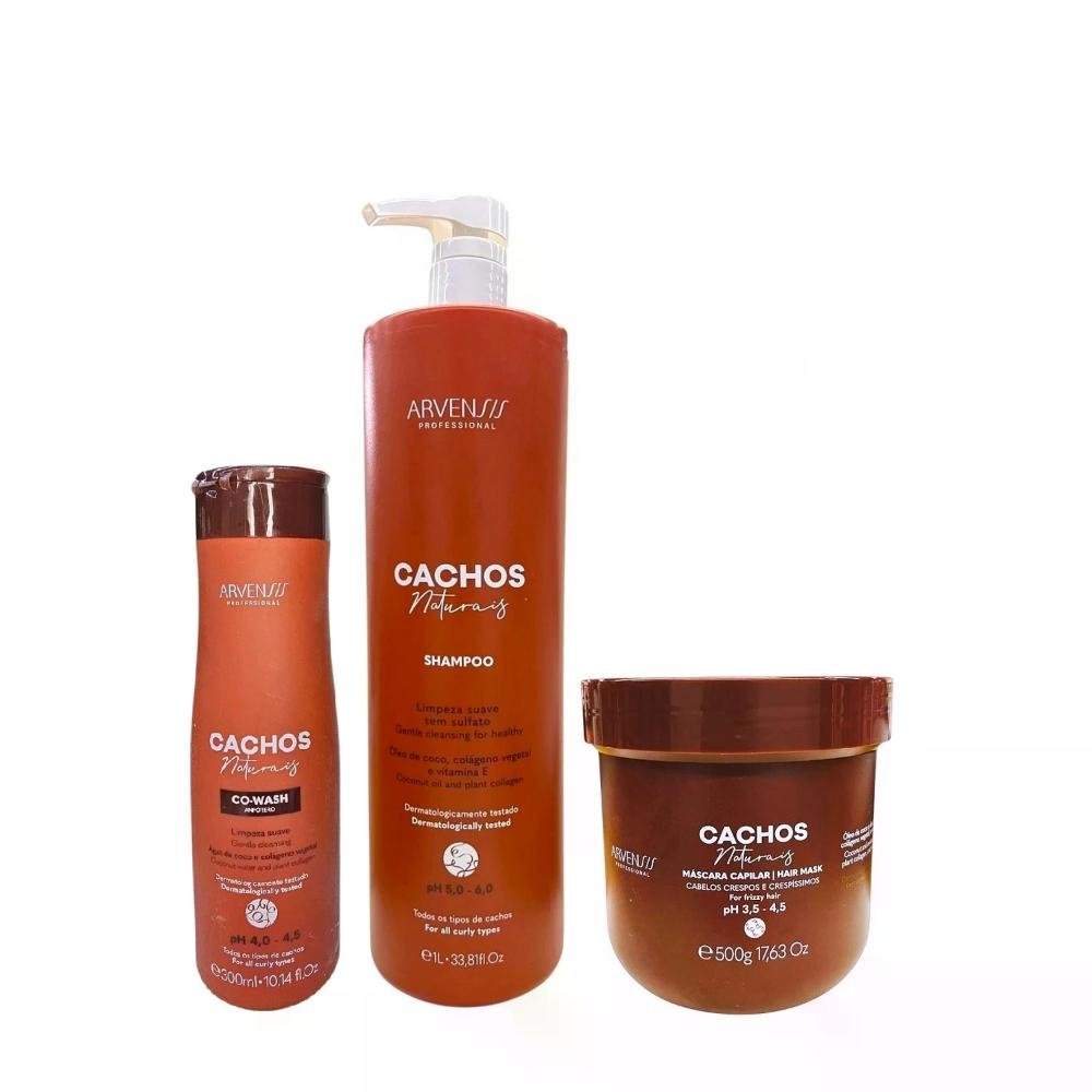 Kit Arvensis Professional Cachos Naturais - Shampoo 1L + Máscara Crespos 500g + Co-Wash 300ml ÚNICO 1