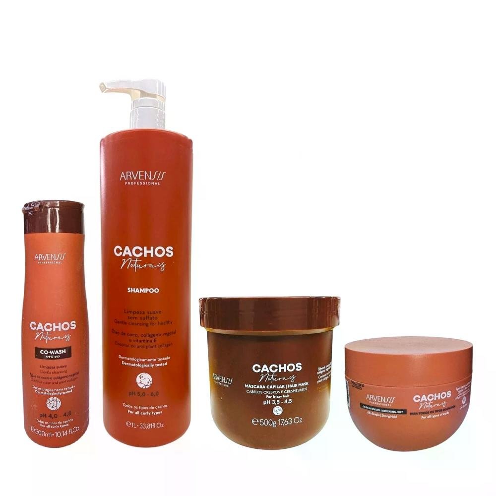 Kit Arvensis Professional Cachos Naturais - Shampoo 1L + Máscara Crespos 500g + Co-Wash 300ml + Geleia Alta Fixação 250g ÚNICO 1