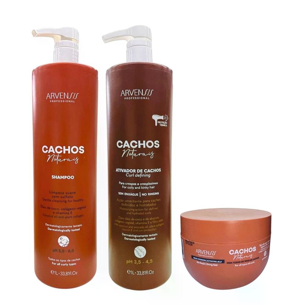 Kit Arvensis Professional Cachos Naturais - Shampoo 1L + Ativador De Cachos Crespos 1L + Geleia Alta Fixação 250ml ÚNICO 2