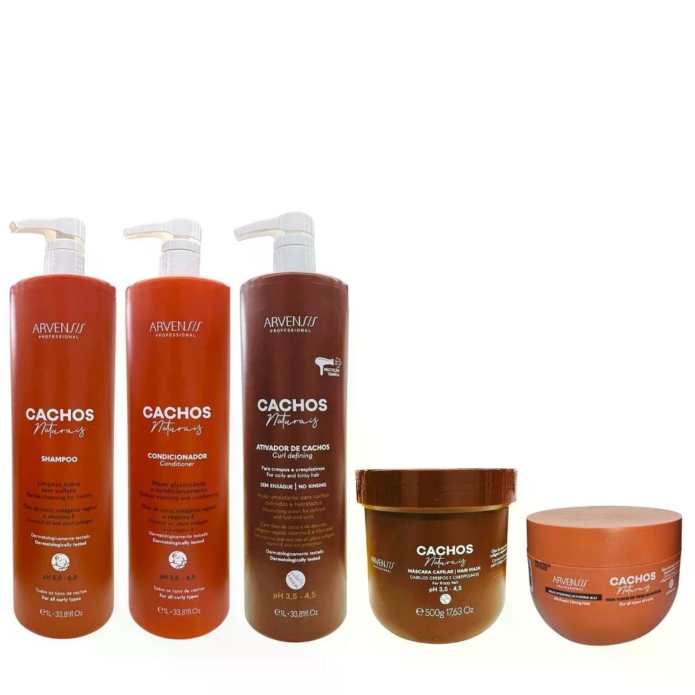 Kit Arvensis Cachos - Shampoo 1L + Condicionador 1L + Ativador De Crespos 1L + Máscara Crespos 500g + Gelatina 250g ÚNICO 1