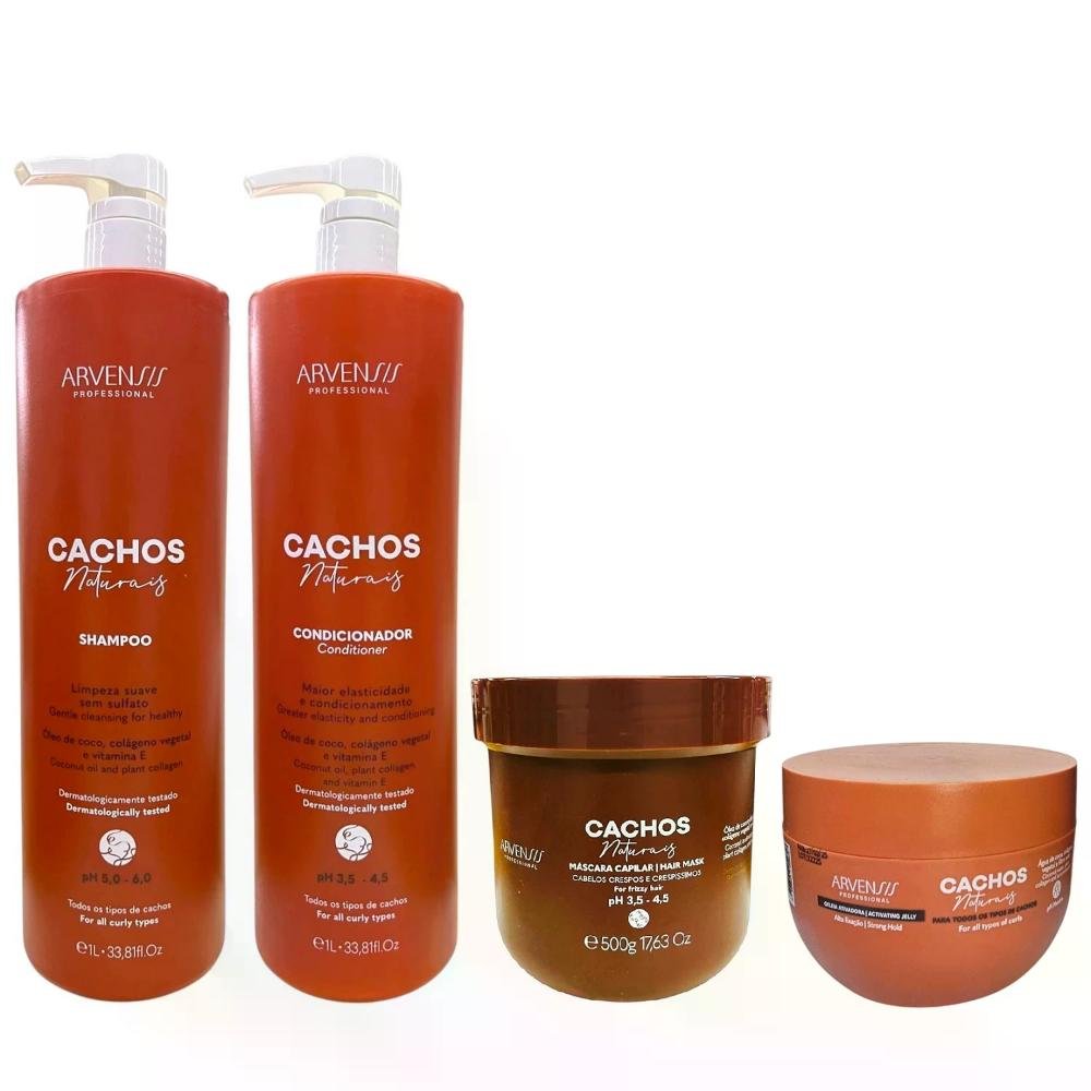 Kit Arvensis Cachos Naturais - Shampoo 1L + Condicionador 1L + Máscara Crespos 500g + Geleia Alta Fixação 250g ÚNICO 4