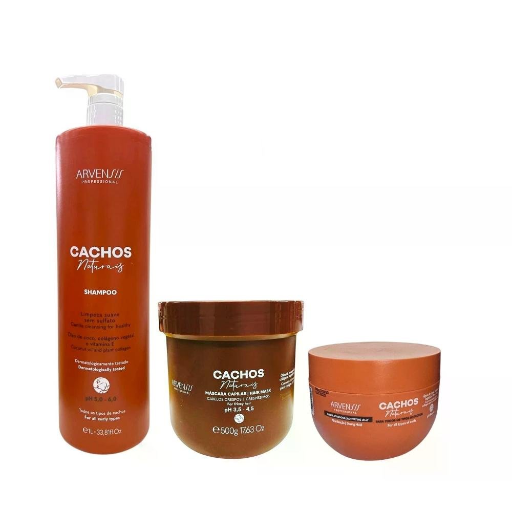 Kit Arvensis Cachos Naturais - Shampoo 1L + Máscara Crespos 500g + Geleia Alta Fixação 250g ÚNICO 1