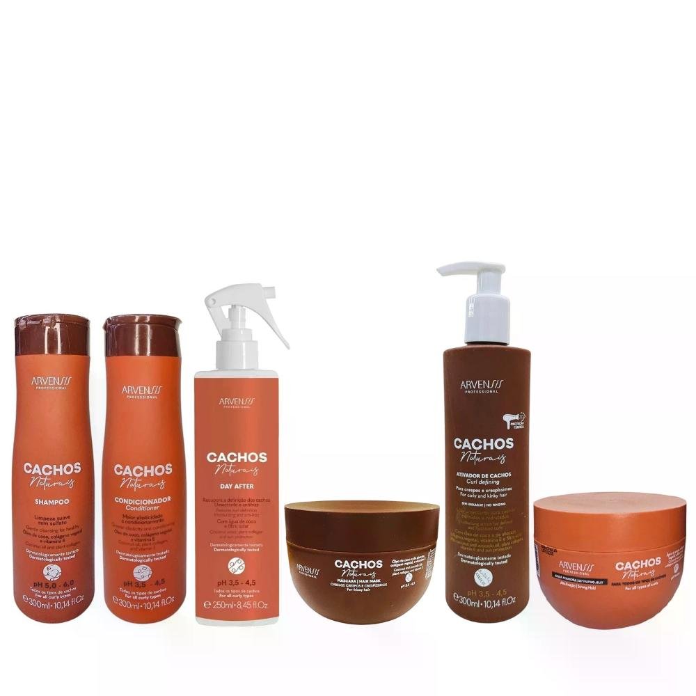 Kit Arvensis Cachos- Shampoo 300ml + Condicionador 300ml + Day After + Geleia 250g + Ativador Crespos + Máscara Crespos ÚNICO 8