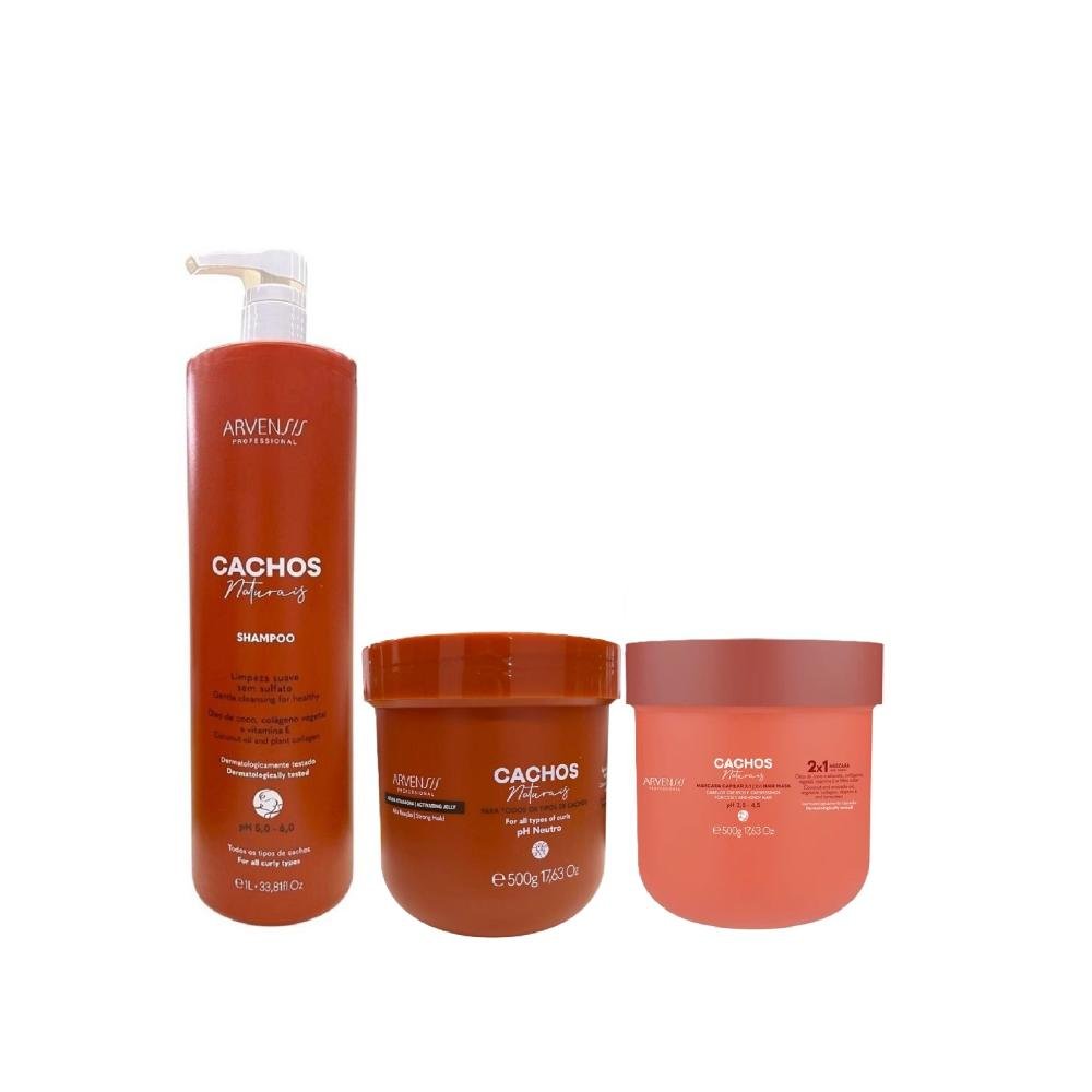 Kit Arvensis Cachos Naturais - Shampoo 1L + Gelatina Alta Fixação 500g + Máscara Capilar 2x1 500g