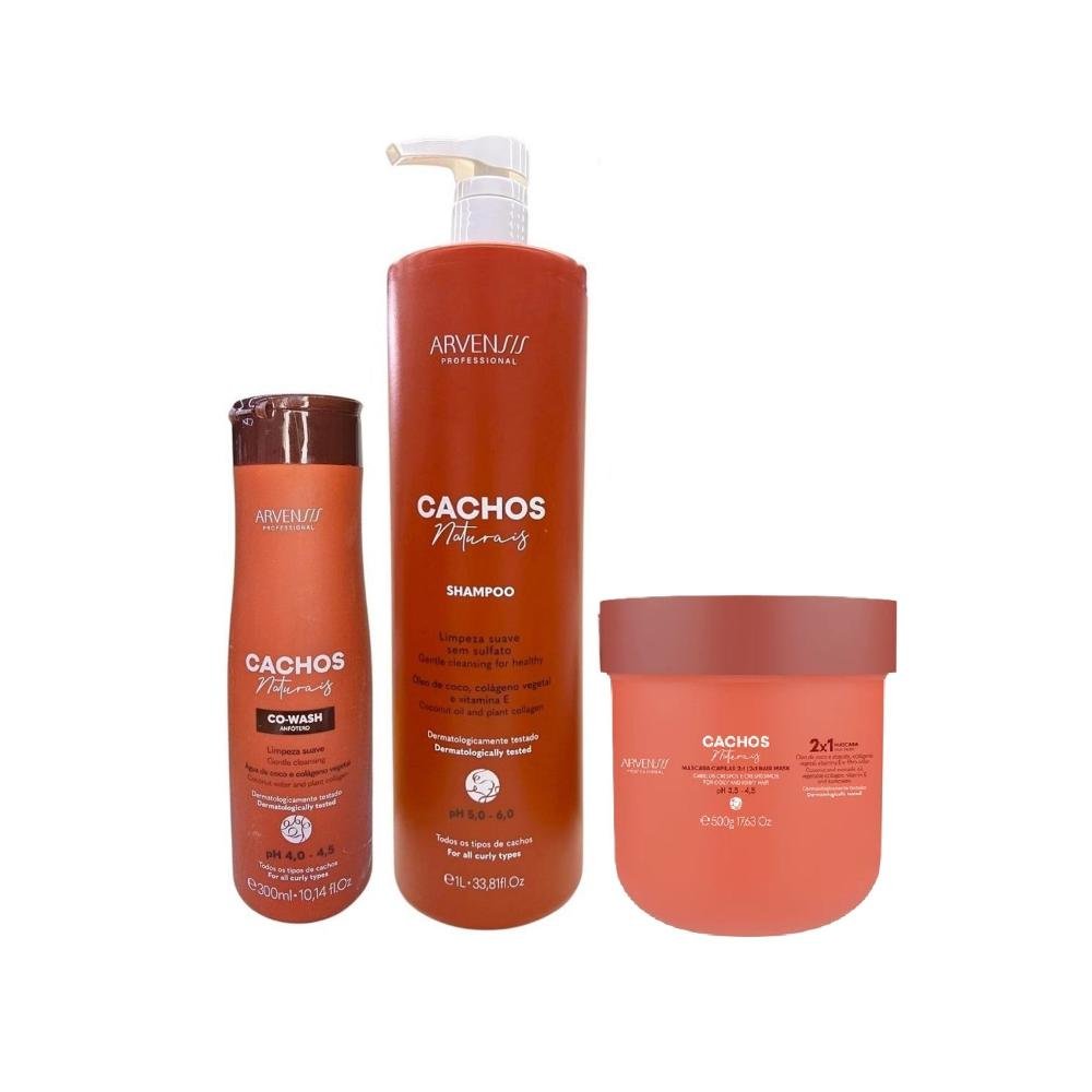 Kit Arvensis Cachos Naturais - Shampoo 1L + Co-Wash 300ml + Máscara Capilar 2x1 500g