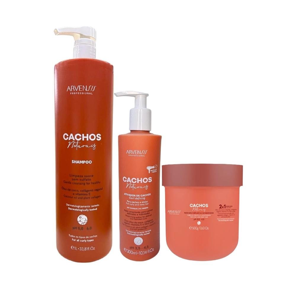 Kit Arvensis Cachos Naturais - Shampoo 1L + Ativador de Cachos 300ml + Máscara Capilar 2x1 500g