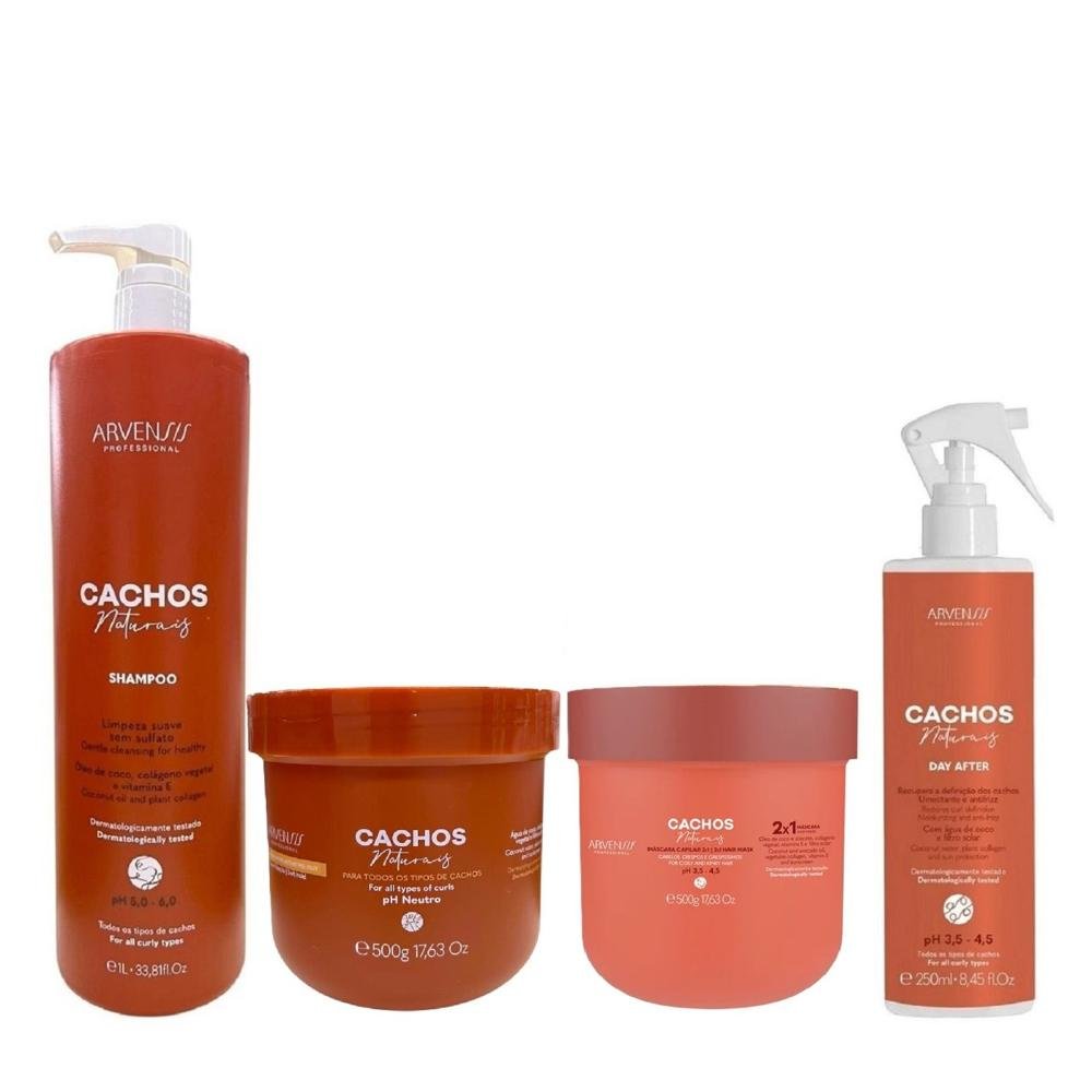 Kit Arvensis Cachos Naturais - Shampoo 1L + Day After 250ml + Gelatina Ativadora 500g + Máscara Capilar 2x1 500g
