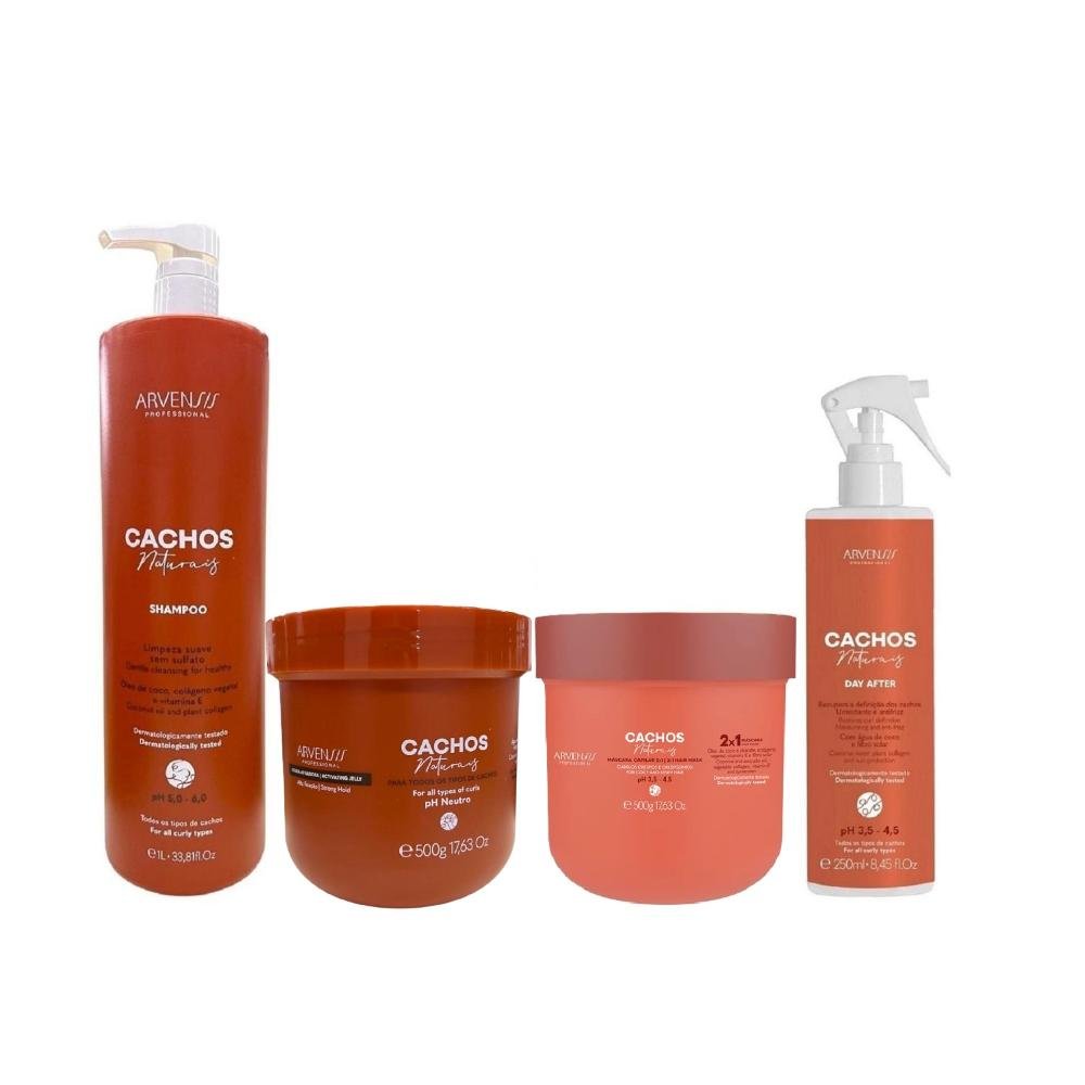 Kit Arvensis Cachos Naturais - Shampoo 1L + Day After 250ml + Gelatina Alta Fixação 500g + Máscara Capilar 2x1 500g