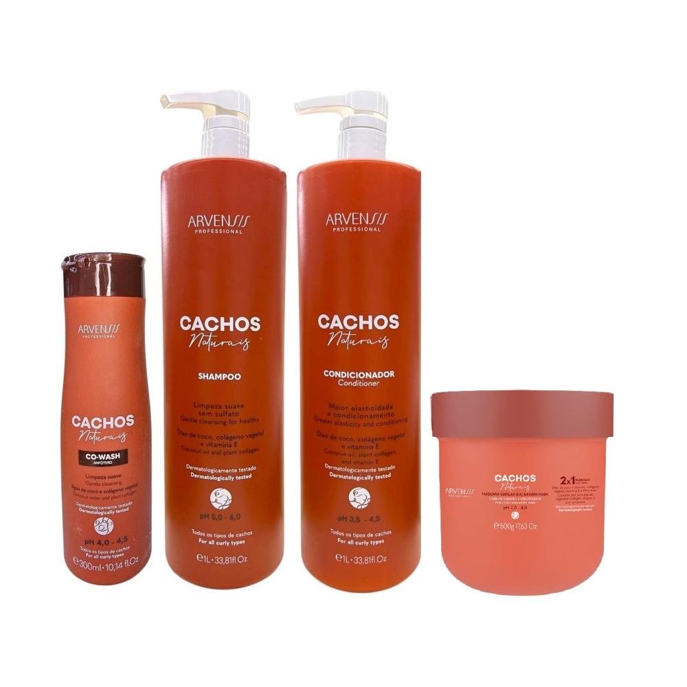 Kit Arvensis Cachos Naturais - Shampoo 1L + Condicionador 1L + Co-Wash 300ml + Máscara Capilar 2x1 500g