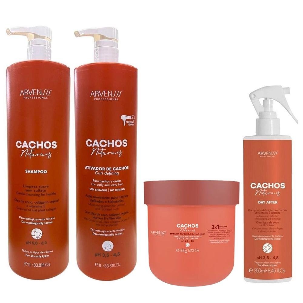 Kit Arvensis Cachos Naturais - Shampoo 1L +Ativador de Cachos 1L + Day After 250ml + Máscara Capilar 2x1 500g