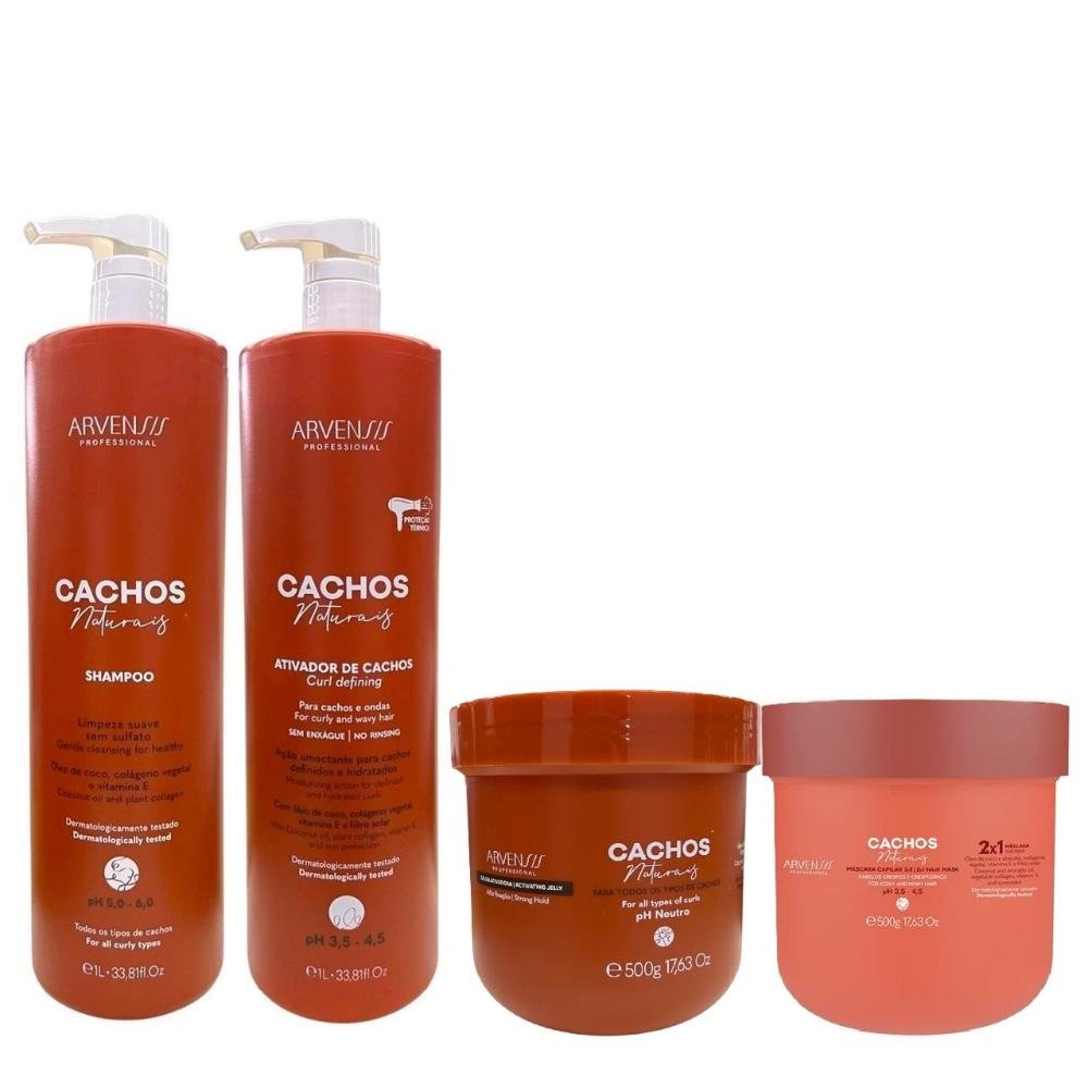Kit Arvensis Cachos Naturais - Shampoo 1L +Ativador de Cachos 1L + Gelatina Alta Fixação 500g + Máscara Capilar 2x1 500g