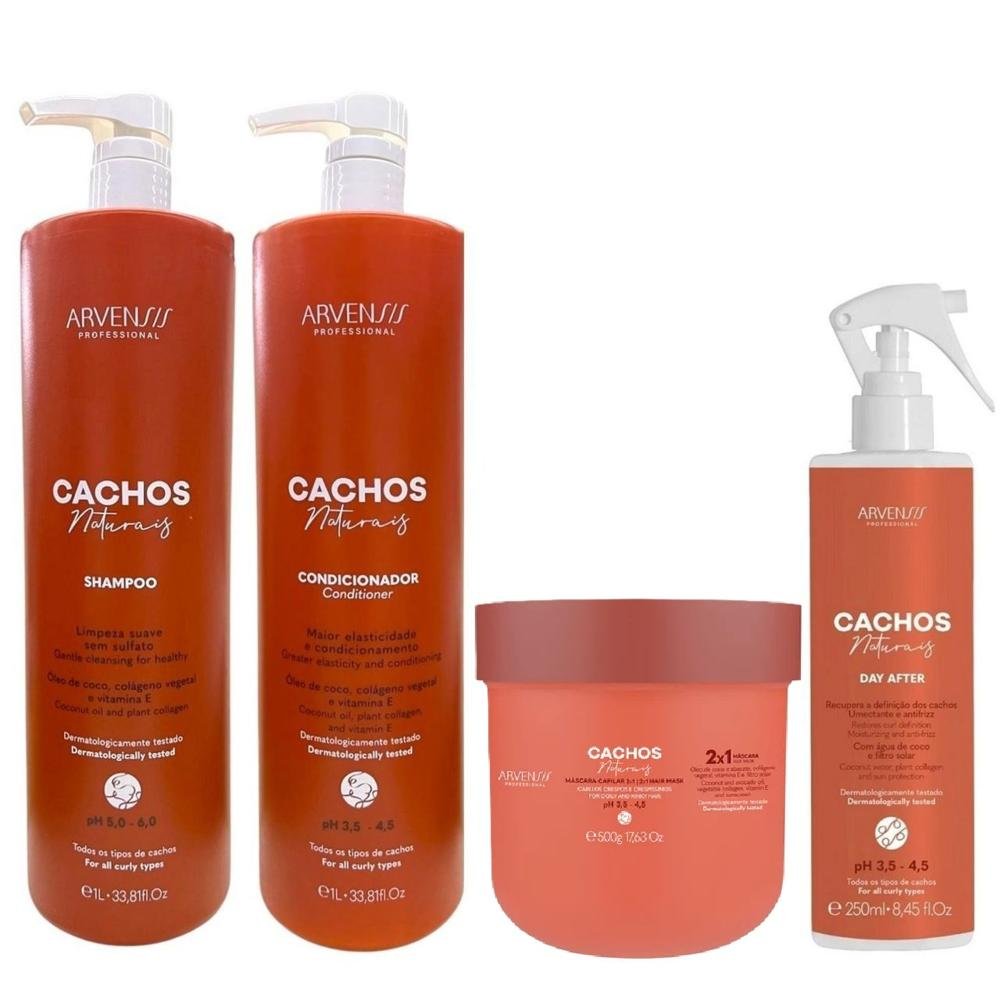 Kit Arvensis Cachos Naturais - Shampoo 1L + Condicionador 1L + Day After 250ml + Máscara Capilar 2x1 500g ÚNICO 1