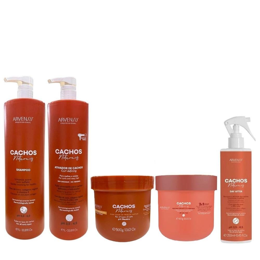 Kit Arvensis Cachos - Shampoo 1L + Ativador de Cachos 1L + Day After 250ml + Geleia Ativadora + Máscara Capilar 2x1 500g