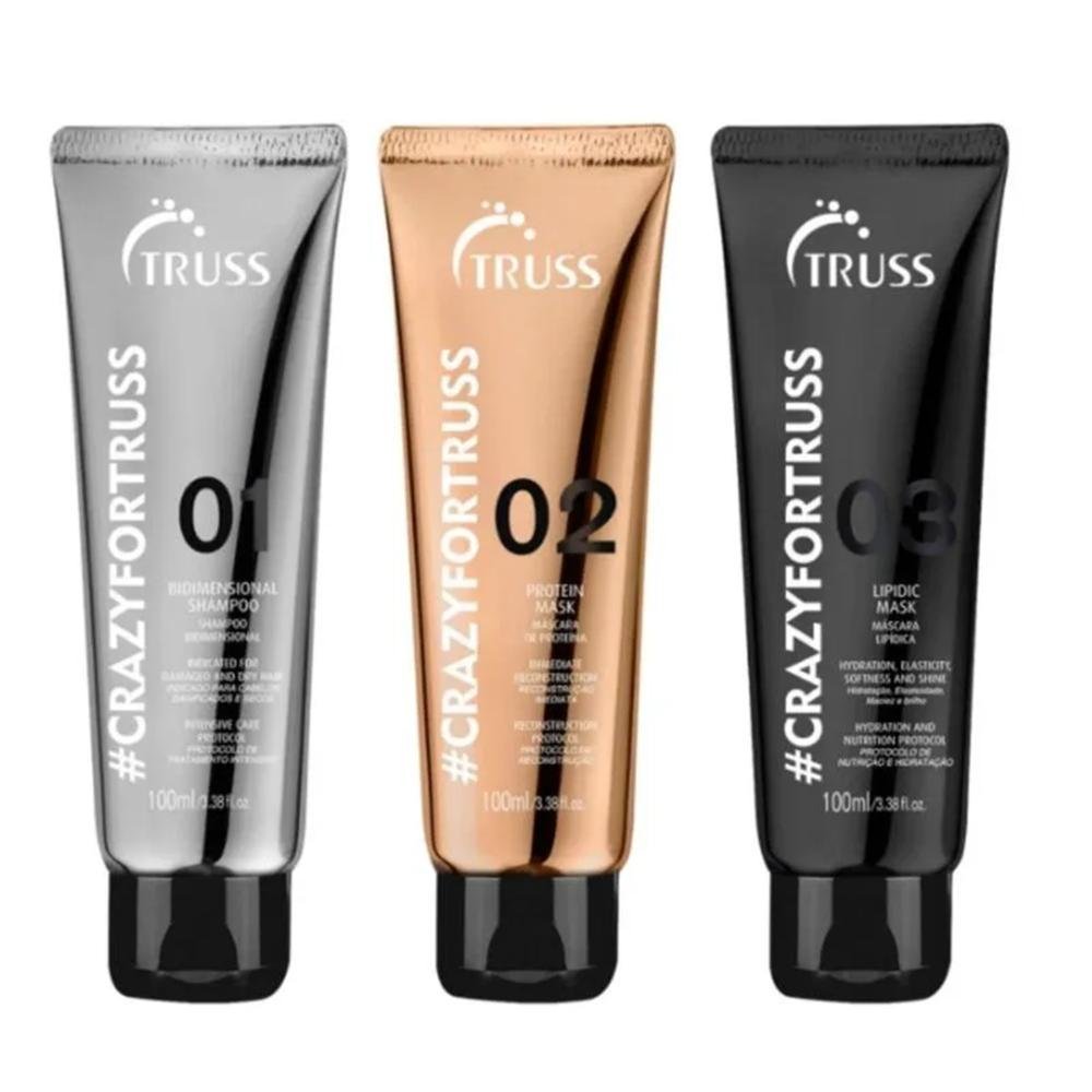 Kit Truss crazyfortruss ( 3 passos) - Shampoo 100ml + Máscara de proteína 100ml + Máscara Lipídica 100ml ÚNICO 1