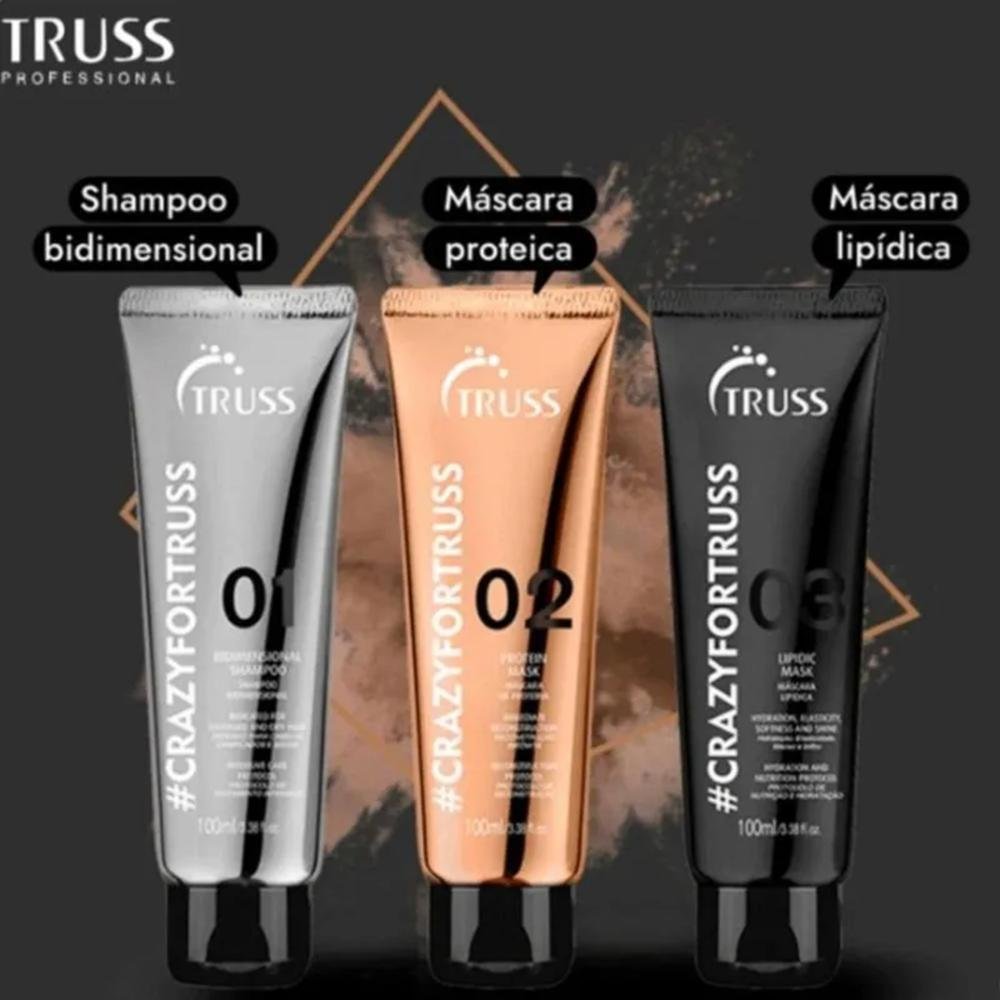 Kit Truss crazyfortruss ( 3 passos) - Shampoo 100ml + Máscara de proteína 100ml + Máscara Lipídica 100ml ÚNICO 2