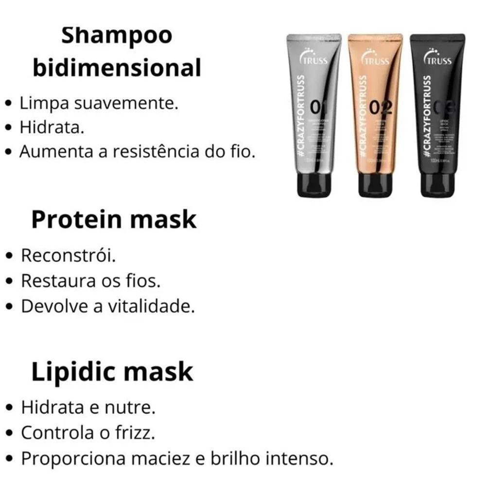 Kit Truss crazyfortruss ( 3 passos) - Shampoo 100ml + Máscara de proteína 100ml + Máscara Lipídica 100ml ÚNICO 3
