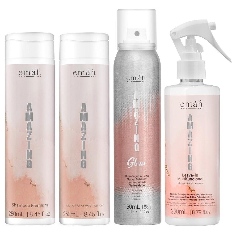 Emáh Amazing - Shampoo 250ml + Condicionador 250ml + Leave-in Multifuncional 260 + Spray Antifrizz 150ml ÚNICO 1
