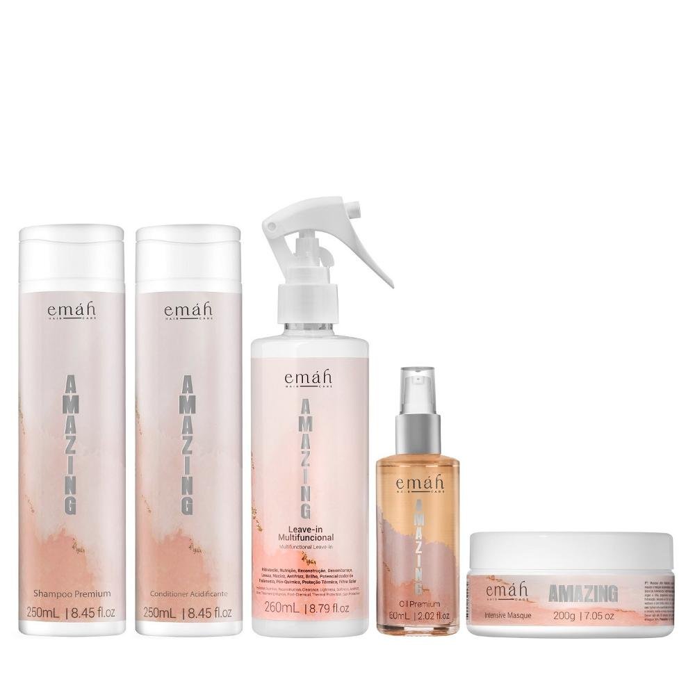 Emáh Amazing - Shampoo 250ml + Condicionador 250ml + Máscara 200g + Leave-in Multifuncional 260ml + Óleo 60ml