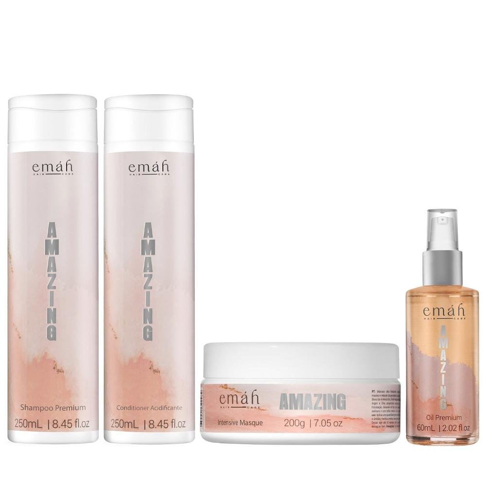 Emáh Amazing - Shampoo 250ml + Condicionador 250ml + Máscara 200g + Óleo Premium 60ml ÚNICO 1