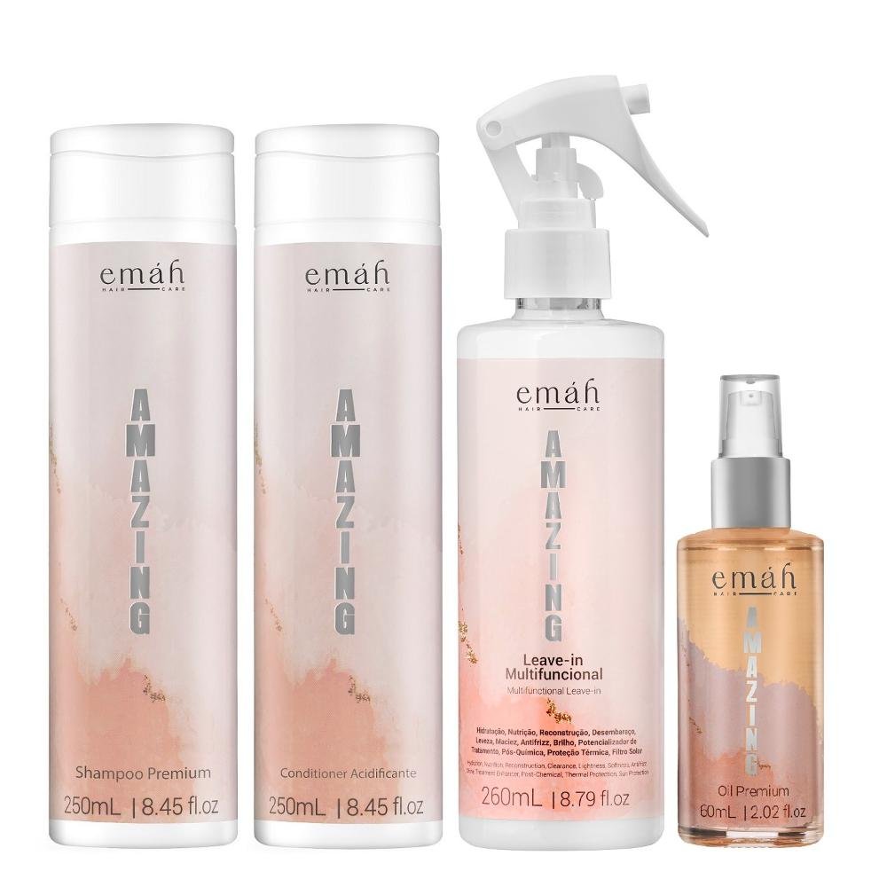 Emáh Amazing - Shampoo 250ml + Condicionador 250ml + Leave-in Multifuncional 260ml + Óleo Premium 60ml