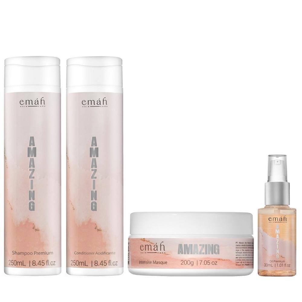 Emáh Amazing - Shampoo 250ml + Condicionador 250ml + Máscara 200g + Óleo Premium 30ml