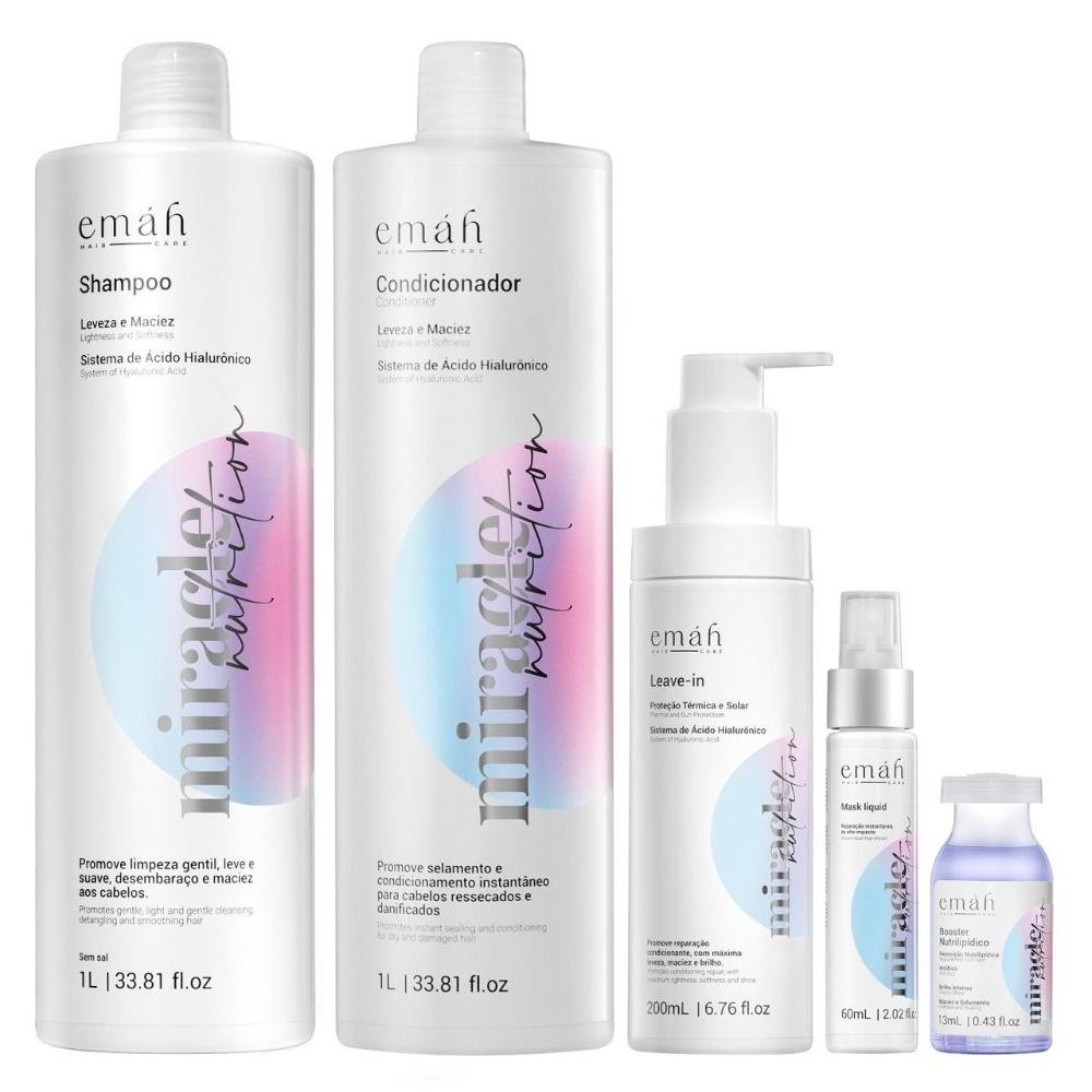 Emáh Miracle Nutrition - Shampoo 1L + Condicionador 1L + Máscara Líquida 60ml + Leave in 200ml + Ampola 13ml ÚNICO 1