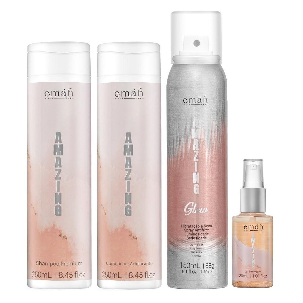 Emáh Amazing - Shampoo 250ml + Condicionador 250ml + Spray Antifrizz 150ml + Óleo Premium 30ml