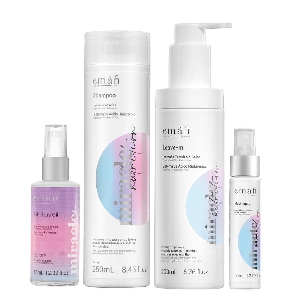 Emáh Miracle Nutrition - Shampoo 250ml + Leave in 200ml + Máscara Líquida 60ml + Óleo 60ml
