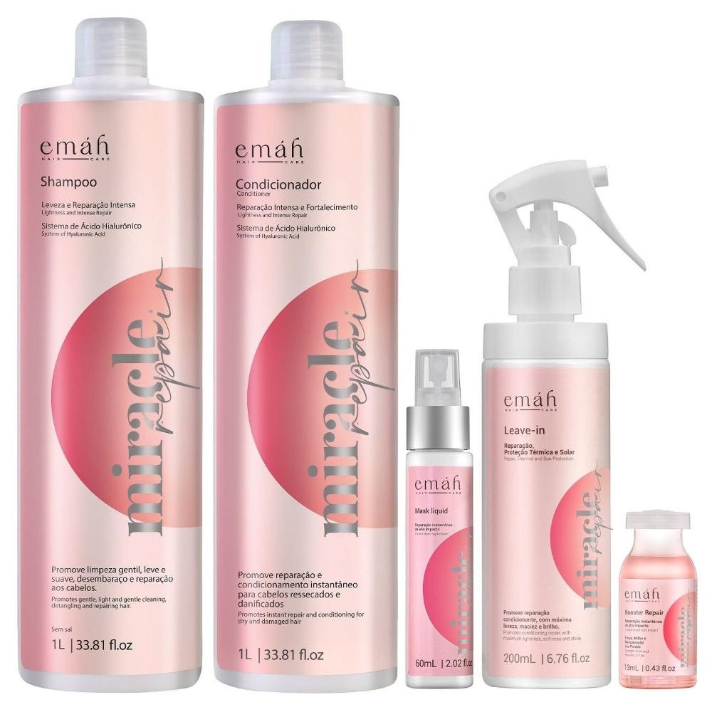 Emáh Miracle Repair - Shampoo 1L + Condicionador 1L + Máscara Líquida 60ml + Leave in 200ml + Ampola 13ml ÚNICO 3